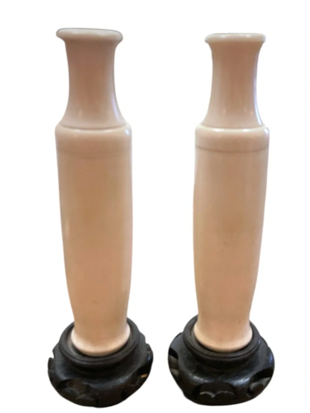 Vintage Chinese Porcelain Crane Pine Calligraphy Bud Vases Pair Wood Stands